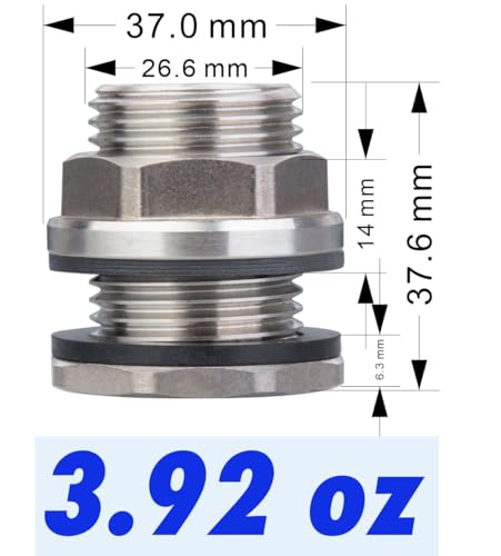 SSBF020 Stainless Steel 304 Bulkhead Tank Fitting (Double Female 1/2” NPT/FIP and Male 3/4" MHT Garden Hose Threaded, w/Step Gasket) (1)