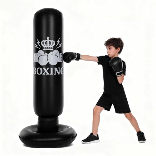Inflatable Boxing Bag for Kids 63in Punching Dummy Post Toy for Karate Taekwondo Mixed Martial Arts Independent Training Target Black
