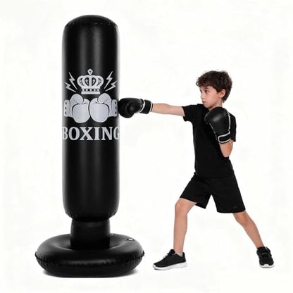 Inflatable Boxing Bag for Kids 63in Punching Dummy Post Toy for Karate Taekwondo Mixed Martial Arts Independent Training Target Black