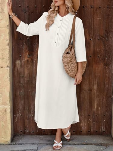 Celmia Autumn Solid Loose Long Maxi Dress Cotton Caftan - color: Pleated White, size: Large