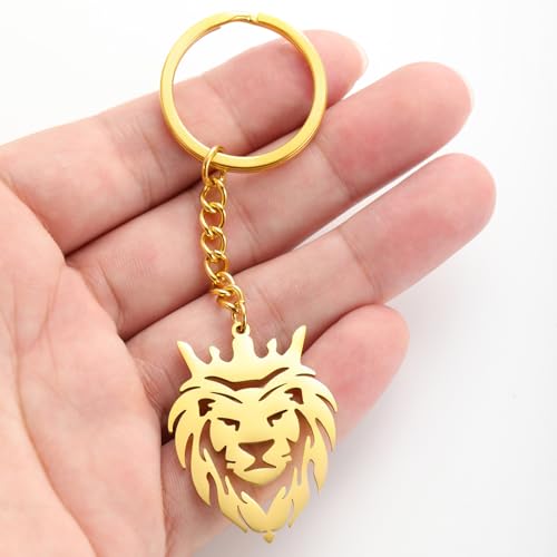 Dreamtimes Lion With King Crown Keychain for Men Stainless Steel Lion Punk Rock Keychain Bag Car Key Pendant Keychain - color: Gold-1