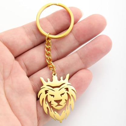 Dreamtimes Lion With King Crown Keychain for Men Stainless Steel Lion Punk Rock Keychain Bag Car Key Pendant Keychain - color: Gold-1