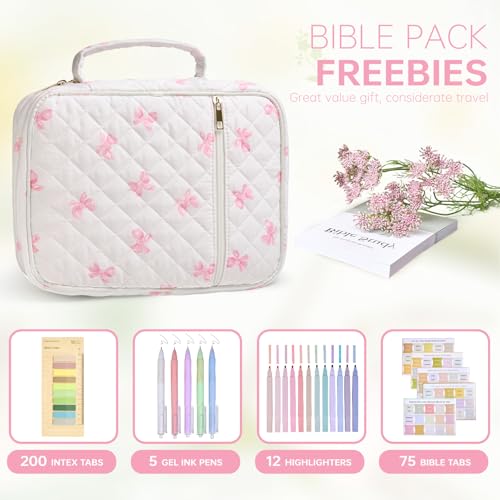 Bible Cover Case for Women Large Bible Cover with Durable Handle Quilted Bible Carrying Case for Girls Bible Study Supplies Accessories (Pink Bow, Pink Bow) - color: Pink Bow