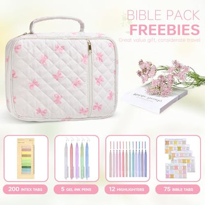 Bible Cover Case for Women Large Bible Cover with Durable Handle Quilted Bible Carrying Case for Girls Bible Study Supplies Accessories (Pink Bow, Pink Bow) - color: Pink Bow