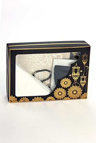 ihvan online Prayer Gift Box for Hajj and Umrah, Muslim Prayer Rug, Islamic Mat, 99 & 33 Pearly Beads Tesbih, Yaseen Book, Miswak, Hijab, Islamic Deluxe Set for Ramadan & Eid Gift, White/Set 1 - color: White / Set 1