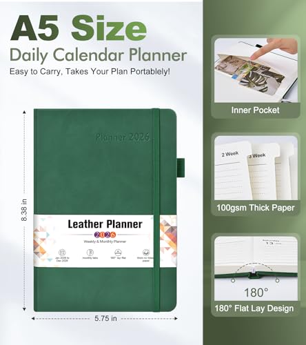 2026 Weekly & Monthly Planner, 12 Months Hardcover Planner from January 2026 - December 2026, Leather Agenda Organizer Book 2026 with Tabs, Daily Calendar Planners for Work School Home, A5 (5.75" x 8.38"), Green - color: Green