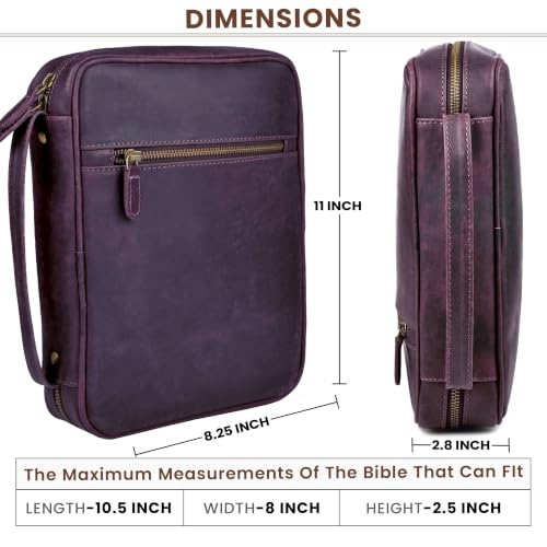 LEATHER VILLAGE Large Leather Bible Cover with Carry Handle & Zipper Purple | Bible Case Fits Standard, Large & Study Bibles up to 10.5 x 8 x 2.5 In, Ideal for men, women, Church & Travel, Handmade