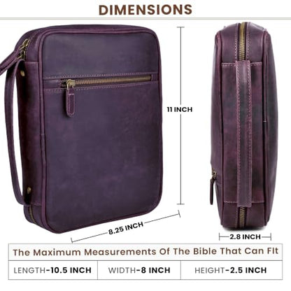 LEATHER VILLAGE Large Leather Bible Cover with Carry Handle & Zipper Purple | Bible Case Fits Standard, Large & Study Bibles up to 10.5 x 8 x 2.5 In, Ideal for men, women, Church & Travel, Handmade