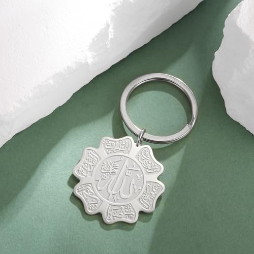 Islamic Ayatul Kursi Keychain Muslim Allah Pendant Arabic Calligraphy Allah Amulet Religious Jewelry Eid Ramadan Gift - color: Ayatul Kursi Allah Keychain Silver