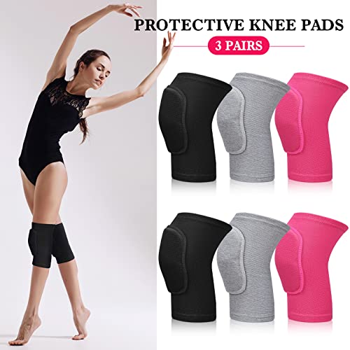 Eurzom 3 Pairs Dance Knee Pads Women Protective Non-Slip Knee Pads for Yoga Cheerleading Pole Floor Dance Volleyball - color: black, gray, rose