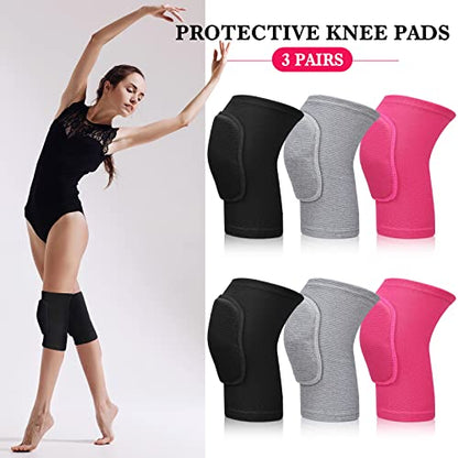 Eurzom 3 Pairs Dance Knee Pads Women Protective Non-Slip Knee Pads for Yoga Cheerleading Pole Floor Dance Volleyball - color: black, gray, rose