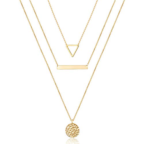 Turandoss Dainty Layered Choker Necklace, Handmade Y Pendant Necklace Multilayer Bar Disc Necklace Adjustable Layering Choker Necklaces for Women - style: 3PCS - Triangle&Bar&Hammered Disc