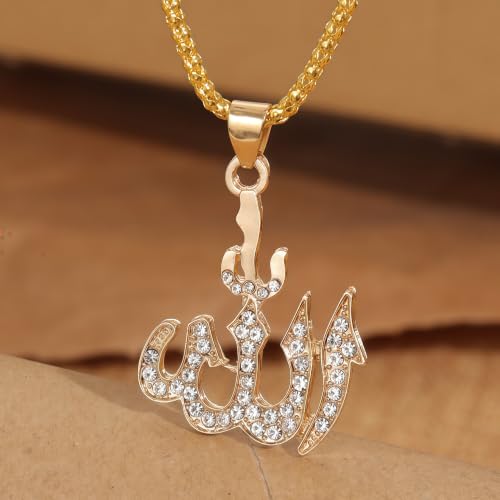 Allah Necklace for Men, Gold Muslim Pendant 22 inch Chain Gift - color: gold plated