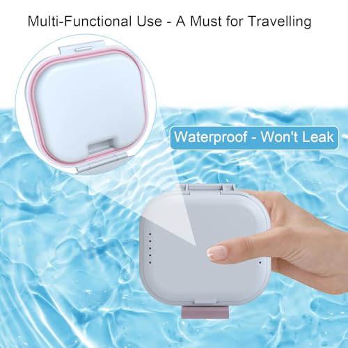 BVN Upgraded Leak Proof Denture Bath Cup with Strainer & Storage Compartment | Portable Soaking Case for Dentures, Braces and Travel Retainers - color: White+pink