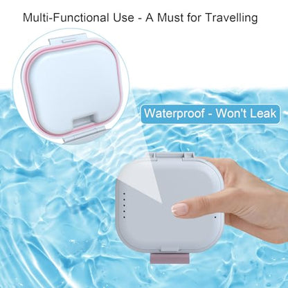 BVN Upgraded Leak Proof Denture Bath Cup with Strainer & Storage Compartment | Portable Soaking Case for Dentures, Braces and Travel Retainers - color: White+pink