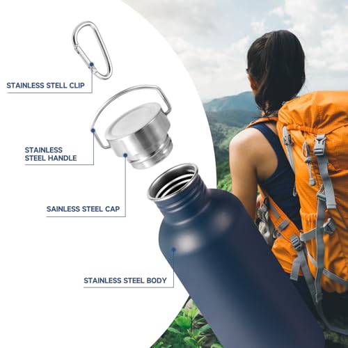 Volhoply 32oz Uninsulated Single Walled Water Bottle, Stainless Steel Sports Water Bottles with Handle, BPA Free Lightweight Water Bottles for Hiking, Biking, Running（Navy,1） - color: Navy