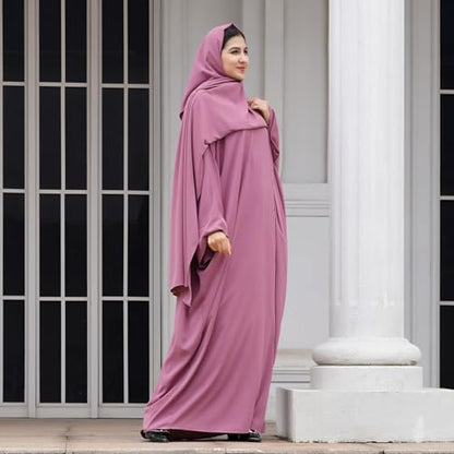 IDOPIP Abayas for Women Muslim Dress with Hijab, One-Piece Long Sleeve Islamic Prayer Dress with Khimar Jilbab Kaftan Clothes - color: Purple + Hijab
