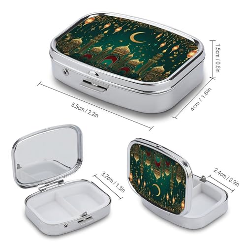 Green & Golden Islamic-Inspired Square Pill Box Metal 2.2x1.6 Inch,Medicine Storage Case Compact Travel Pill Organizer Pocket Pill Container for Daily Medication Vitamins Pills - color: Green & Golden Islamic-inspired