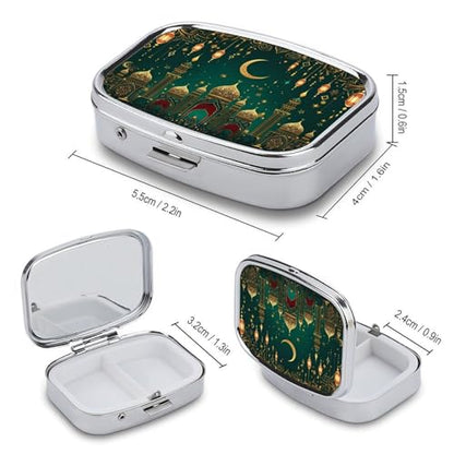Green & Golden Islamic-Inspired Square Pill Box Metal 2.2x1.6 Inch,Medicine Storage Case Compact Travel Pill Organizer Pocket Pill Container for Daily Medication Vitamins Pills - color: Green & Golden Islamic-inspired