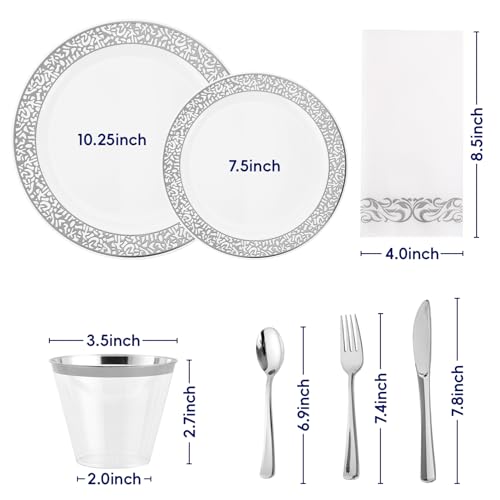 𝟐𝟏𝟎 Count Silver Plastic Dinnerware, Silver Disposable Plates, Includes 30 Dinner & 30 Dessert Plates & 30 Cups & 30 Paper Napkins & 30 Plastic Silverware Set - color: Silver