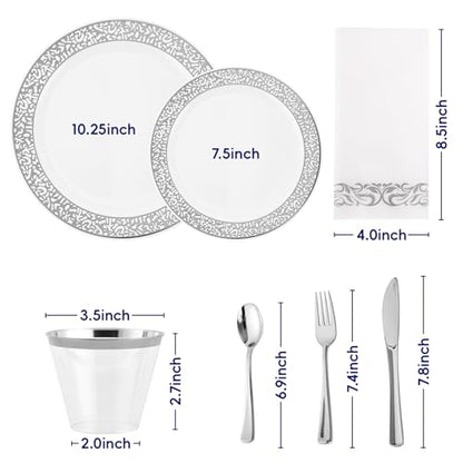 𝟐𝟏𝟎 Count Silver Plastic Dinnerware, Silver Disposable Plates, Includes 30 Dinner & 30 Dessert Plates & 30 Cups & 30 Paper Napkins & 30 Plastic Silverware Set - color: Silver