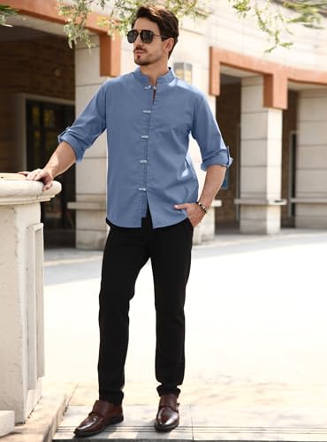 Zaitun Mens Cotton Linen Shirts Casual Buttons Down Roll-Up Sleeve Shirt Summer Chinese Style T-Shirts - color: Blue, size: Medium