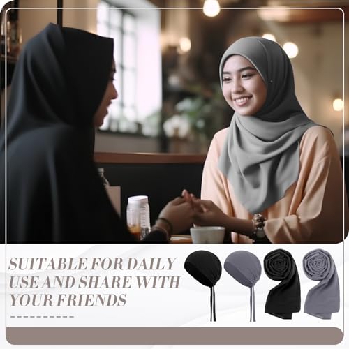 4 Pcs Women Solid Chiffon Hijab Scarves and Undercap Set Long Shawl Soft Wrap Scarves Muslim Inner Hijab Caps - color: Black, Dark Gray