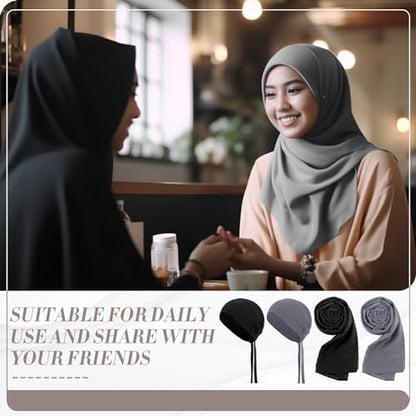 4 Pcs Women Solid Chiffon Hijab Scarves and Undercap Set Long Shawl Soft Wrap Scarves Muslim Inner Hijab Caps - color: Black, Dark Gray