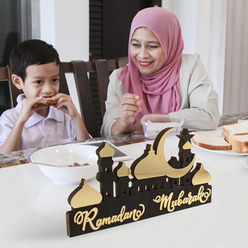 Wooden Acrylic Ramadan Decorations for Home 2026, Gold Black Ramadan Mubarak Eid Kareem Sign Stand, Wood Islamic Table Centerpiece Fireplace Office Desk Mosque Decor, Arabic Muslim Gifts