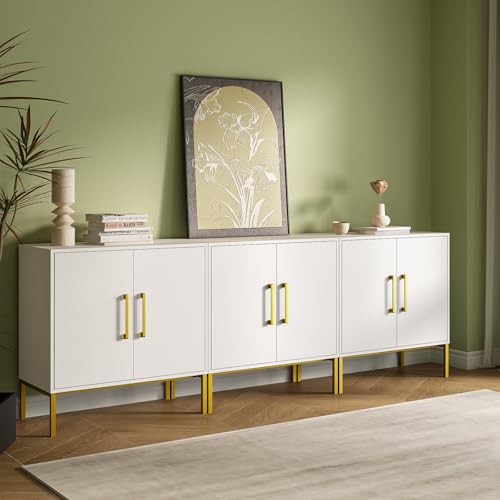 3 Set of Storage Buffet Cabinet with Gold Handles and Metal Legs, White丨Freestanding Sideboard, Modern Wooden Side Cabinets for Bedroom, Living Room, Kitchen, Office and Hallway - color: White, size: 3PC