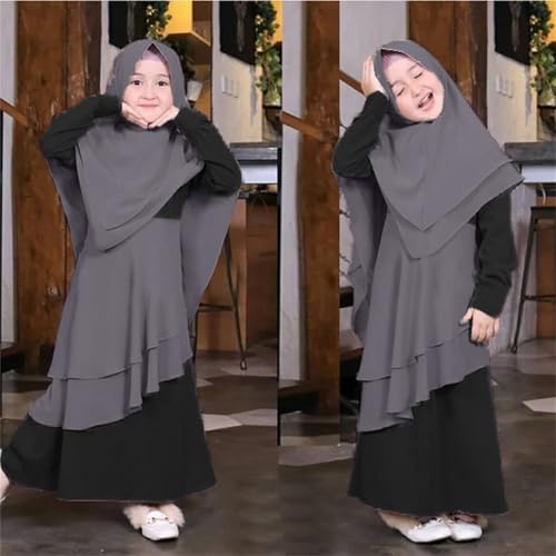 Muslim Dress for Girl Abaya Kaftan Kids Islamic Prayer Clothes Long Sleeve Dress Dubai 2026 Ramadan Hijab Sets - color: Gray, size: 1-2T