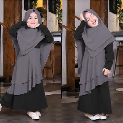 Muslim Dress for Girl Abaya Kaftan Kids Islamic Prayer Clothes Long Sleeve Dress Dubai 2026 Ramadan Hijab Sets - color: Gray, size: 1-2T