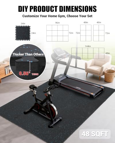 Garvee 0.56" Thick 48 Sq Ft Rubber Top Exercise Equipment Mats, 12 Tiles High Density EVA Foam Interlocking Gym Flooring for Home Gym, Non-Slip Waterproof Workout Mat, 24x24in, Black/Blue | High Density EVA Foam Interlocking Gym Flooring for Home Gym, Non