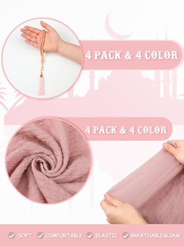 Shyyween 8 Pcs Eid Al-fitr Ramadan Gift Include 4 Soft Cotton Hemp Scarf Shawl 4 Muslim Prayer Beads Tasbih Prayer Beads for Woman Prayer Ramadan Eid Al-fitr Gift Eid Al-fitr Party Favors