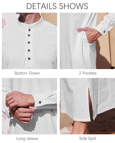 YAOHUOLE Muslim Thobe for Men Button down Mens Caftans Big and Tall Mens Arab Thobe with Pocket - color: White, size: 3X-Large