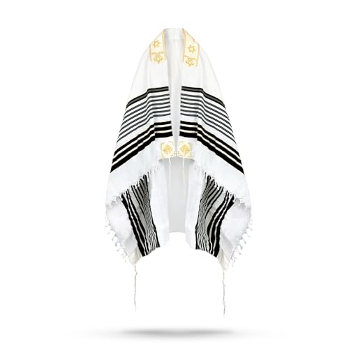 Full Size Tallit Prayer Shawl, Hand-Tied Tzitzit in Israel by a Jewish Craftsman, Blessing On Neckband - color: Black & Gold, size: Size 55 - 72 x 52 Inch