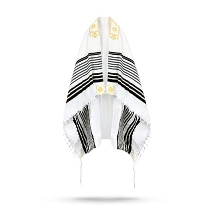 Full Size Tallit Prayer Shawl, Hand-Tied Tzitzit in Israel by a Jewish Craftsman, Blessing On Neckband - color: Black & Gold, size: Size 55 - 72 x 52 Inch