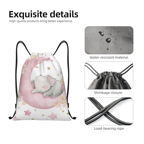 Cute Elephant on Pink Crescent Moon Drawstring Bags Reusable Polyester Durable Lightweight Storage Bags for Travel Gym Promotional Events Daily Organization