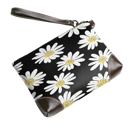 Leather Clutch Purse for Women, Large Capacity Wristlet Wallet with Removable Strap, Zip Handbag - color: Daisy Flowers