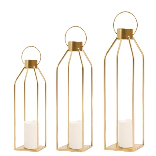 HPC DECOR 모던 팜하우스 랜턴 장식 - 55.9cm(22인치) 48.3cm(19인치) 40.6cm(16인치) 높이 대형 골드 메탈 캔들 랜턴 홈 데코용 - 랜턴 장식, 거실, 야외, 벽난로 맨틀 장식용 타이머 깜박이는 양초 포함 - size: 22inch,19inch and 16inch（Gold）