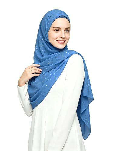 Lina & Lily Sparkle Shimmer Gold Glitter Women's Chiffon Hijab Head Scarf Shawl Wrap Lightweight - color: Indigo Blue