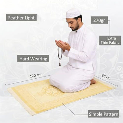 3pcs Set Muslim Prayer Rug with Tasbih and Portable Bag, Soft Mat Gift Set, Turkish Sajadah for Ramadan, Eid, Hajj, Travel, (Coffee) - color: Golden