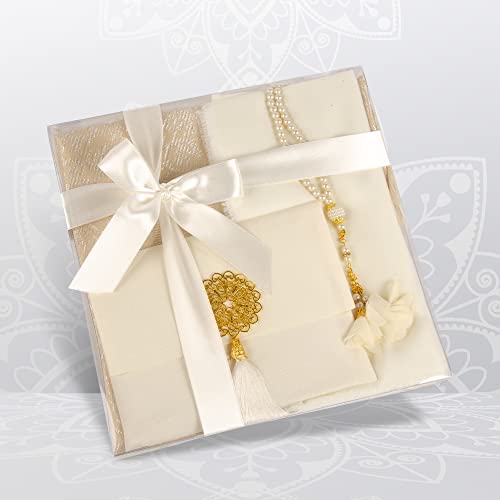BABY SHOWER CHOCOLATE Prayer Rug Islamic Gift Set, Velvet Prayer Mat, Prayer Beads, Scarf and Yaseen Book, Perfect Family and Muslim Eid Gifts (White) - color: White