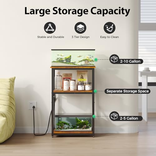 HavenlyYouth 10 Gallon Fish Tank Stand with Power Outlet, 3 Tier Aquarium Stand with Shelf, Turtle/Reptile Tank Stand for Home Office,Adjustable Boards, 20.47''L×11.42''W×30.91''H, Retro Brown