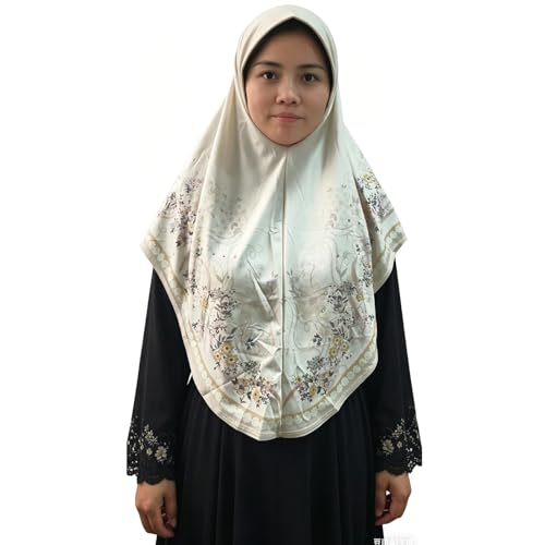 Ready To Wear Instant Hijab 여아용 무슬림 슬립온 키마르 꽃무늬 히잡 스카프 여성용 히잡 이슬람 아바야 터번 - color: 아이보리 1#