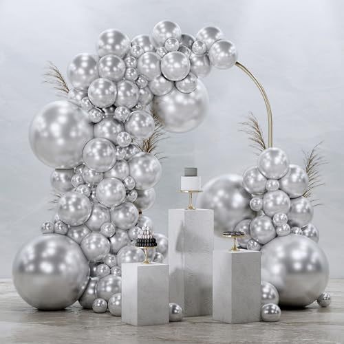 PartyWoo Silver Balloons 145 pcs Different Sizes of 18 12 10 5 Inch Silver Balloon Arch Kit Garland for Birthday Graduation Bachelorette Engagement Bridal Shower Wedding Party Decorations Silver-G102 - color: Silver-g102