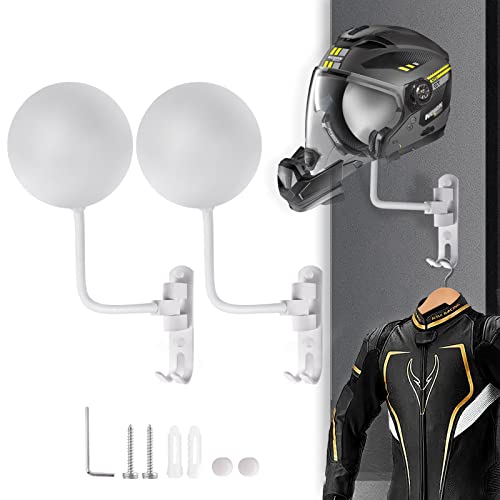 Kikerike Motorcycle Helmet Holder Wall Mount 180 Degree Rotation Metal Bike Helmet Rack Mount Bicycle Helmet Display Stand Hanger with 2 Hooks for Motorcycle Bike Baseball Rugby Helmet - White, 2 Pcs - color: White(2PCS)