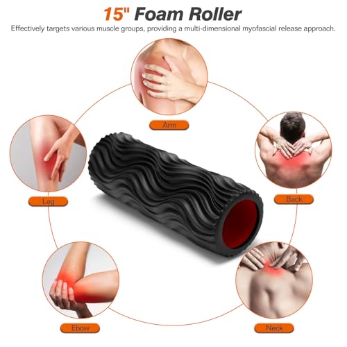 Foam Roller, 15" High Density Foam Back Roller, Wave Textured Massage Roller for Deep Muscle Massage Pilates Yoga,Fitness Exercise Roller for Whole Body Release(Black)