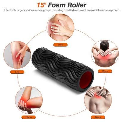 Foam Roller, 15" High Density Foam Back Roller, Wave Textured Massage Roller for Deep Muscle Massage Pilates Yoga,Fitness Exercise Roller for Whole Body Release(Black)