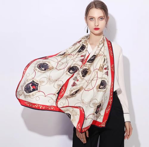 ANDANTINO 100% Silk Long Scarf-Women Large Oblong Shawls with Gift Packed - color: 1-red&navy-carriage